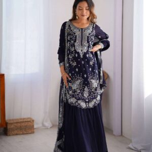 Women's Faux Georgette Sequins & Thread Work Straight Kurta With Sharara Suit and Dupatta Set