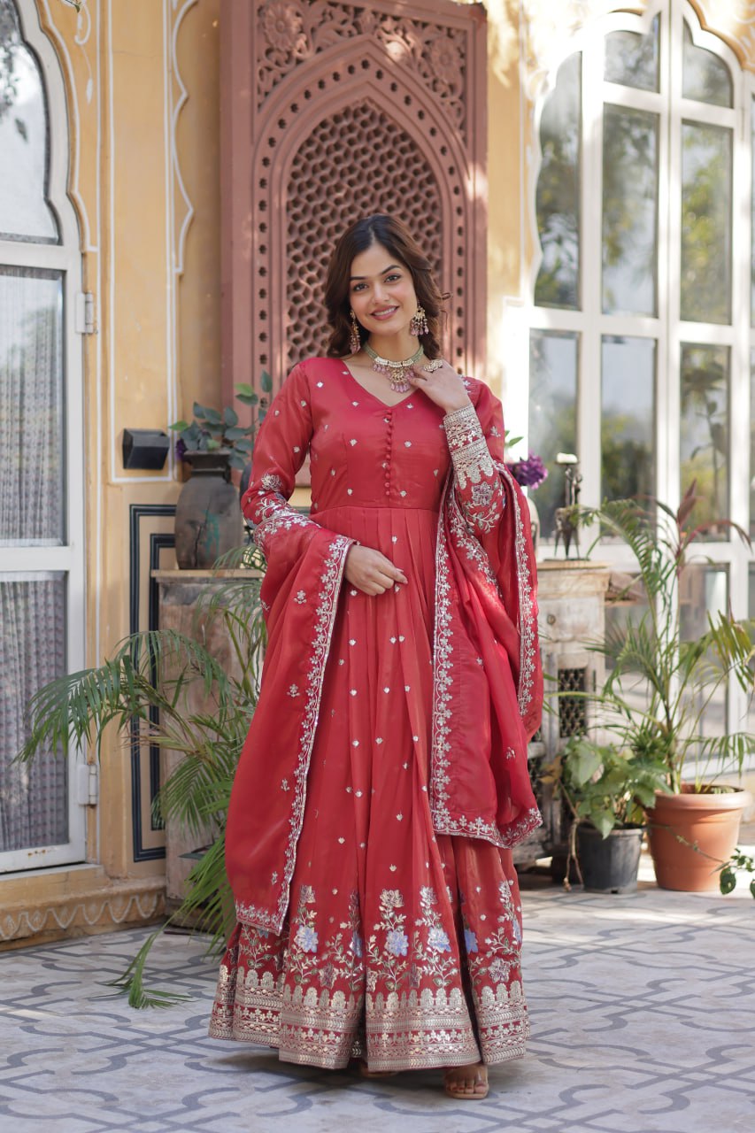 Women's Festive Rust Red Anarkali Gown with Intricate Silver Zari & Sequin Embroidery – Complete with Embroidered Dupatta - Image 4