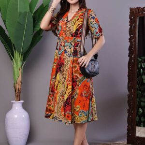 Women's Bohemian Chic Multi-Color Paisley Print Cotton Collared Midi Dress